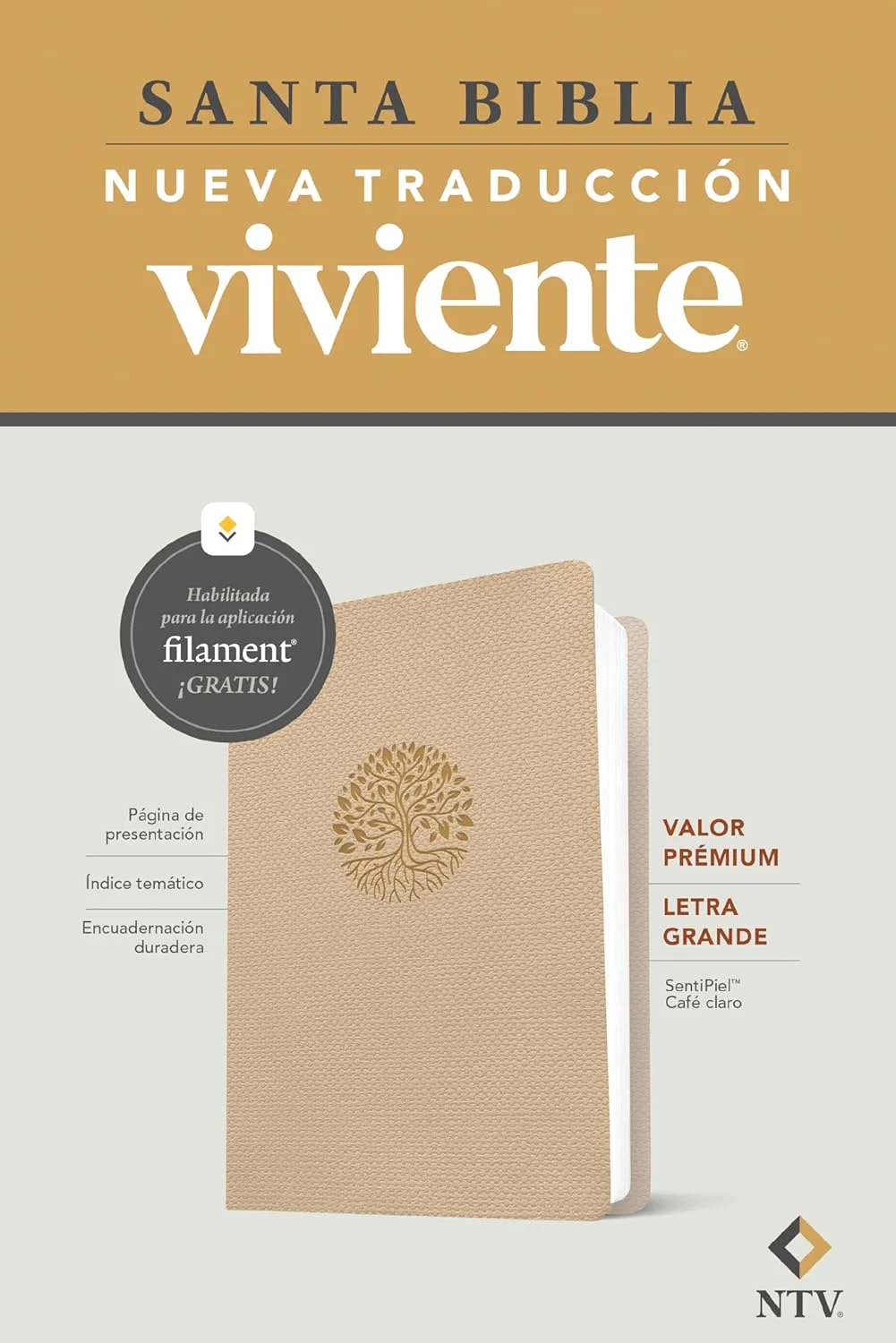 BEIGE PREMIUM BIBLIA NTV ULTRAFINA LETRA GRANDE SENTIPIEL CAFÉ CLARO FILO BLANCO CON FILAMENT - Imagen 1