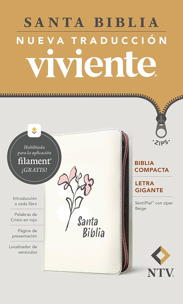 BLANCO CIERRE BIBLIA NTV COMPACTA LETRA GIGANTE ZIPER FLOR BLANCA FILO BLANCO CON FILAMENT - Imagen 1