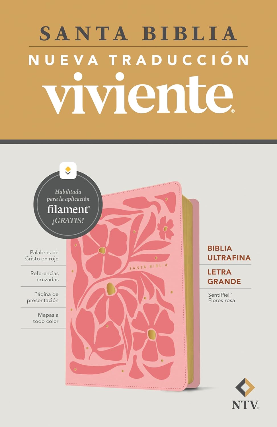 FLORES ROSA ULTRAFINA BIBLIA NTV ULTRAFINA LETRA GRANDE SENTIPIEL FLORES ROSA FILO DORADO CON FILAMENT - Imagen 1