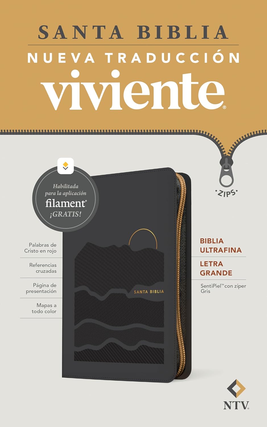 GRIS ULTRAFINAA BIBLIA NTV ULTRAFINA LETRA GRANDE SENTIPIEL CON ZIPER GRIS FILO BLANCO CON FILAMENT - Imagen 1