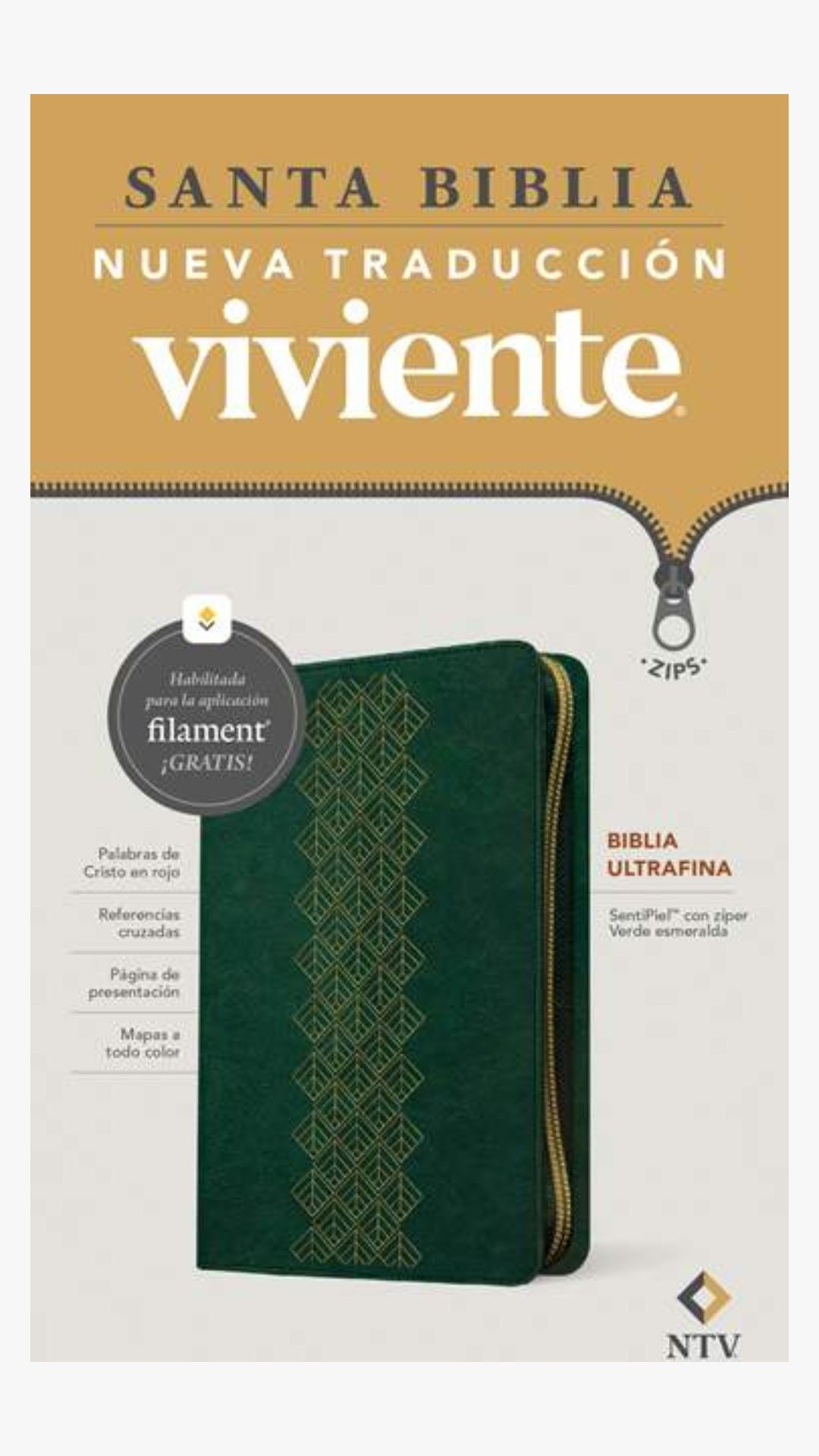 VERDE CIERRE BIBLIA NTV ULTRAFINA SENTIPIEL ZIPER VERDE FILO BLANCO CON FILAMENT - Imagen 1